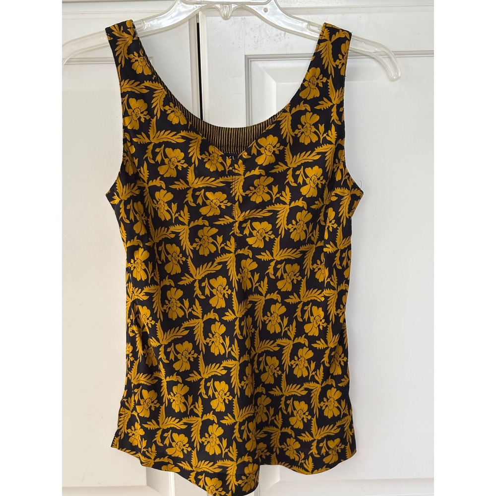 Vintage Floral Rayon Tank Top Yellow Black Sleeveless Blouse Made in USA Size 2